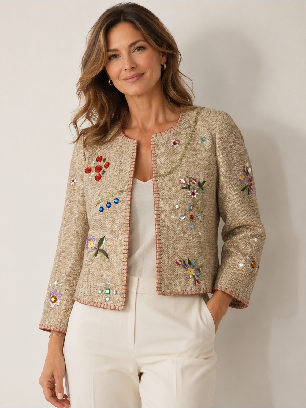 Focus 2000 Women’s 6P Statement Blazer Jacket Embroidered Sequins Jewels Unique